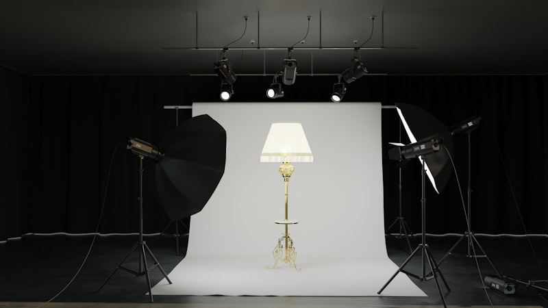 Studio éclairé avec softboxes et panneaux LED professionnels